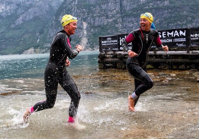 Two happy HUUBsters - Trude and Lotte in Huub wetsuits swim Norseman Two happy HUUBsters - Trude and Lotte in Huub wetsuits swim Norseman