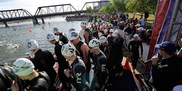 Lining up for a swim start - USA Triathlon championship event Lining up for a swim start - USA Triathlon championship event