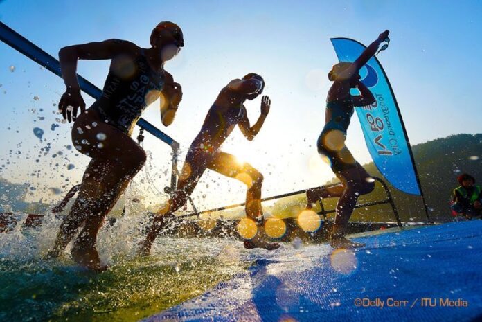 ITU World Cup in Korea, athletes exit the water - photo credit Delly Carr-ITU