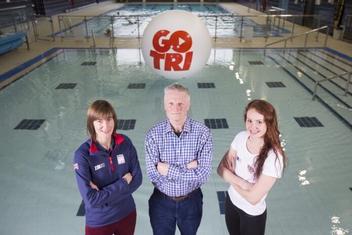 Jenny Vincent British Triathlon, Cllr Roger Harington and Team GB Triathlete Lucy Hall launching the Go Tri event in Leeds - Photo credit Andrew McCaren-AM images