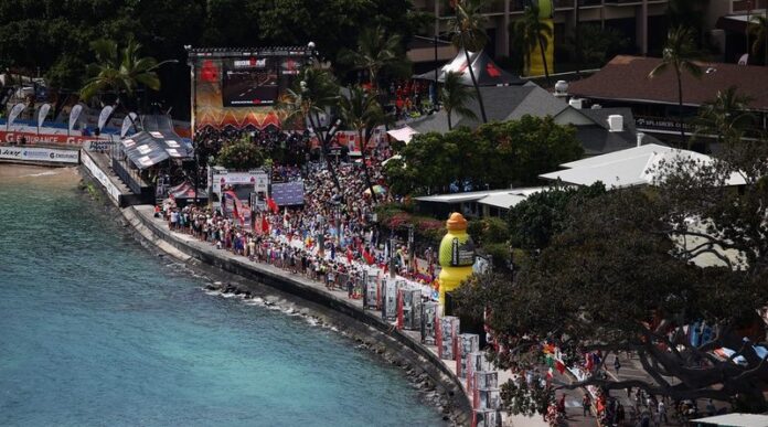 A view of the finish line at the 2016 IRONMAN World Championship triathlon on October 8, 2016 in Kailua Kona, Hawaii. (Photo by Sean M. Haffey/Getty Images for Ironman) A view of the finish line at the 2016 IRONMAN World Championship triathlon on October 8, 2016 in Kailua Kona, Hawaii. (Photo by Sean M. Haffey/Getty Images for Ironman)