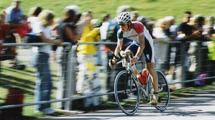 Precision Hydration founder Andy Blow on the bike at Sherbourne Ironman 2003