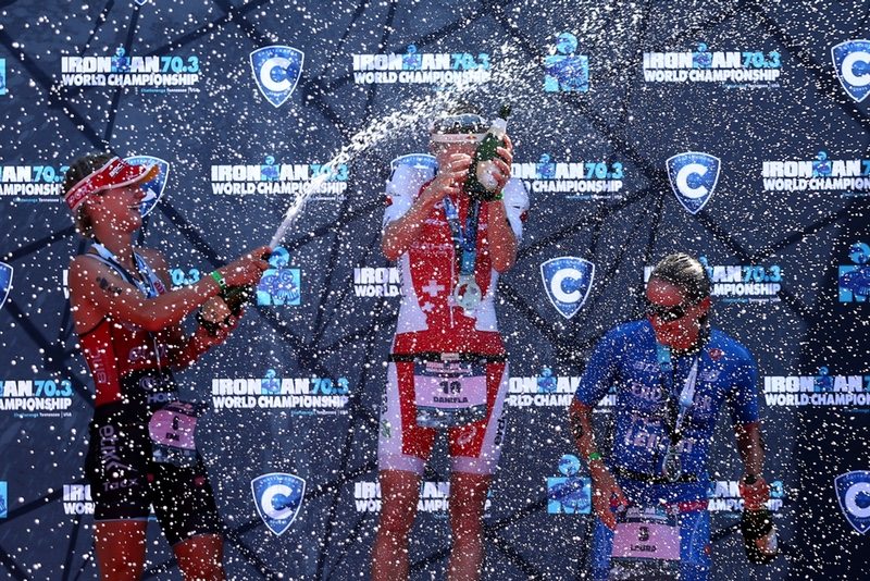 CHATTANOOGA, TN - SEPTEMBER 09: Daniela Ryf of Switzerland (center, first place) Emma Pallant of Great Britain (L, second place) and Laura Philipp (R, third place) celebrate after finishing the IRONMAN 70.3 Women's World Championship on September 9, 2017 in Chattanooga, Tennessee. (Photo by Patrick Smith/Getty Images)
