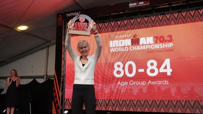 Cherie Gruenfeld wins IRONMAN F80-84 age group title at the 2024 IRONMAN 70.3 World Championship in TaupO, New Zealand - image credit FinisherPix Cherie Gruenfeld wins IRONMAN F80-84 age group title at the 2024 IRONMAN 70.3 World Championship in TaupO, New Zealand - image credit FinisherPix