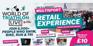 Alistair Brownlee, Kieran Lindars, Jess Learmonth and Nikki Bartlett on stage at World of Triathlon LIVE expo in April 2027 World of Triathlon LIVE 2027 banner